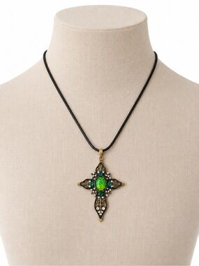 Green Cross Pendant Necklace on Black Cord